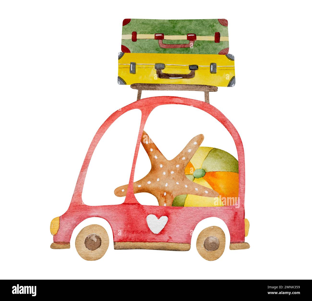 Handgezeichnete Aquarellillustration Zeigt Auto In Urlaub Mit Koffern Auf Dem Dach, Perfekt Für Sommer Clipart Stockfoto