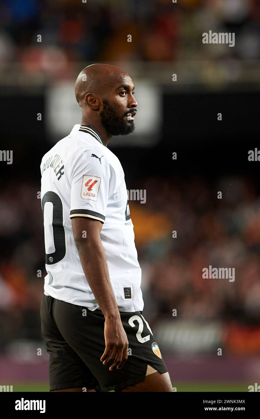 Valencia, Spanien. März 2024. Dimitri Foulquier von Valencia CF war in der Regular Season Runde 27 in La Liga EA Sport im Mestalla Stadium zu sehen. Endresultate; Valencia CF 2-2 Real Madrid. (Foto von German Vidal Ponce/SOPA Images/SIPA USA) Credit: SIPA USA/Alamy Live News Stockfoto