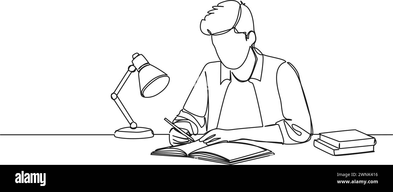 Durchgehende einzeilige Zeichnung eines Schülers, der Hausaufgaben macht, Strichgrafik-Vektor-Illustration Stock Vektor