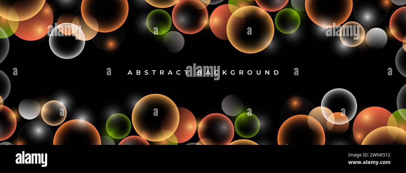 Abstrakter dynamischer Hintergrund mit farbenfrohen 3D-Kreisen. Schwarzes, breites Banner mit flüssigkeitsfarbigen Luftpolsterformen. Vektorabbildung Stock Vektor