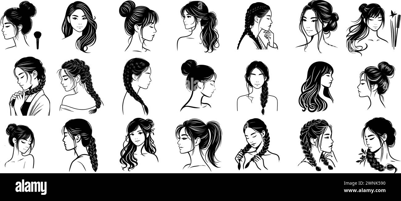 Satz von Silhouettenkonturen, die asiatische Zöpfe und Haarstylen Vielfalt, Vektor darstellen Stock Vektor