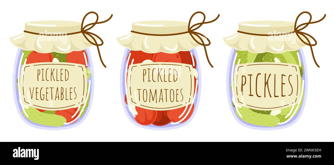 Eingelegtes Gemüse in flacher Form. Gurke in Dosen, Tomaten, Knoblauch mit Etiketten. Saisonale marinierte Speisen. Vektorabbildung isoliert auf einem weiß Stock Vektor