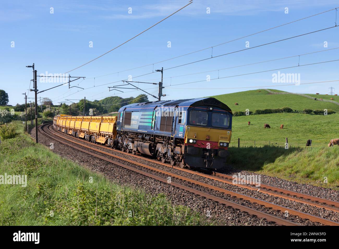 Direct Rail Services Diesellokomotive der Baureihe 66 66429, die einen Güterzug mit Material für die Netzbahn entlang der Hauptstrecke der Westküste transportiert Stockfoto