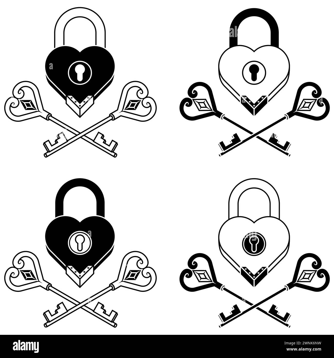 Vektordesign von Vorhängeschloss und Schlüsseln mit Herzform als Symbol der Liebe Stock Vektor