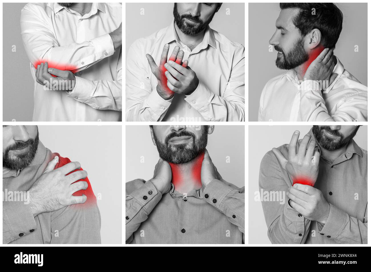 Männer mit Rheuma, schwarz-weiß-Effekt mit rotem Akzent. Collage von Fotos Stockfoto