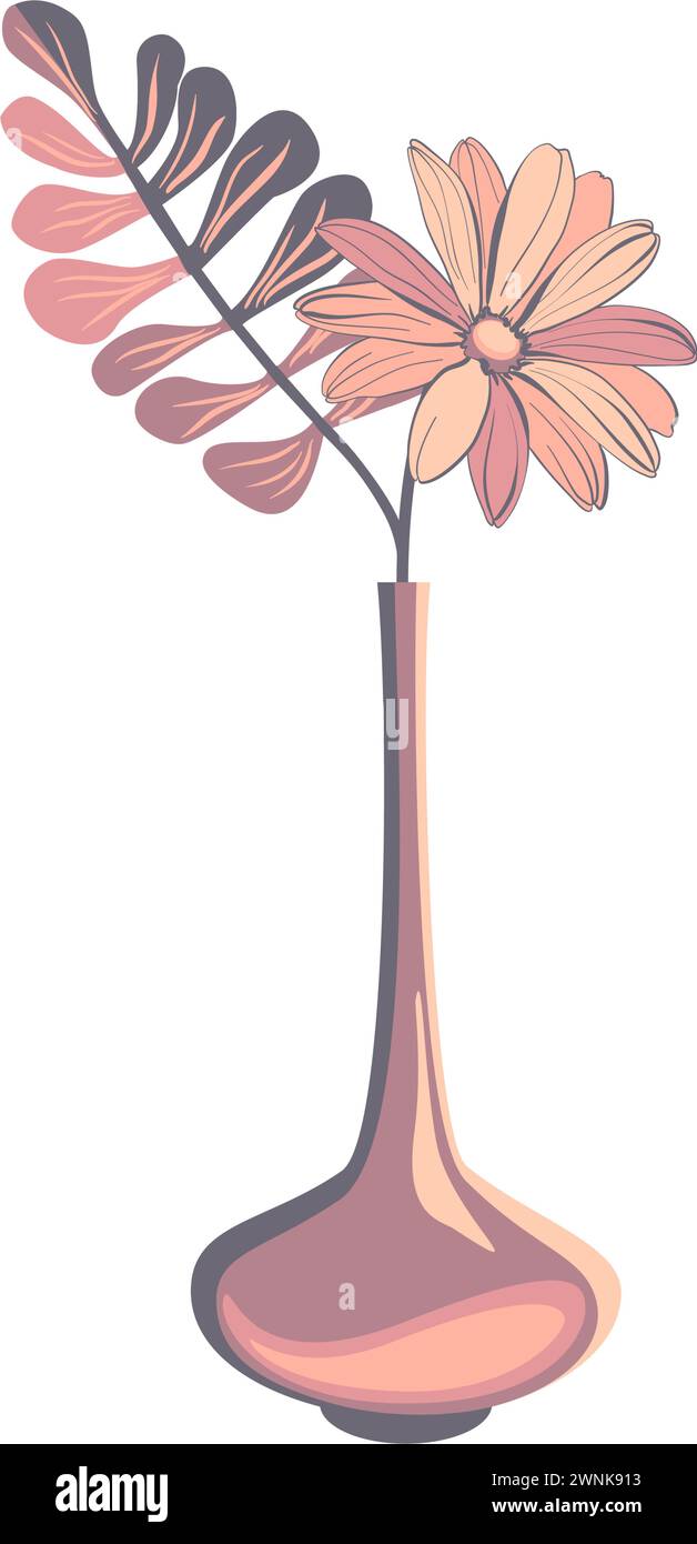 Vase mit Blume und Zierzweig. Vektor-Illustration für Wohndekoration Stock Vektor