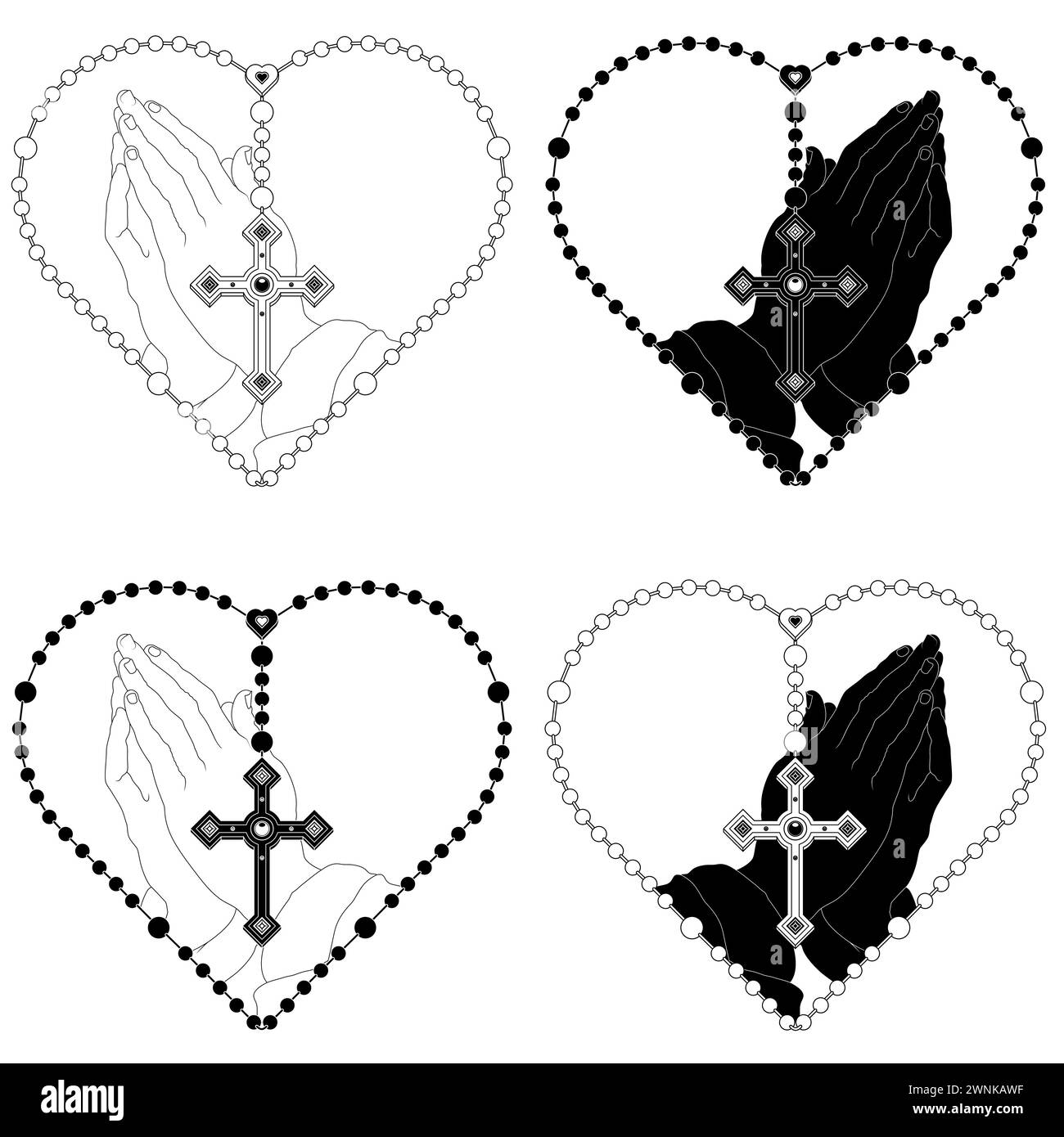 Vektordesign der Gebetshänder mit herzförmigem Rosenkranz, Rosenkranz mit christlichem Kreuz, Symbol der katholischen Religion Stock Vektor