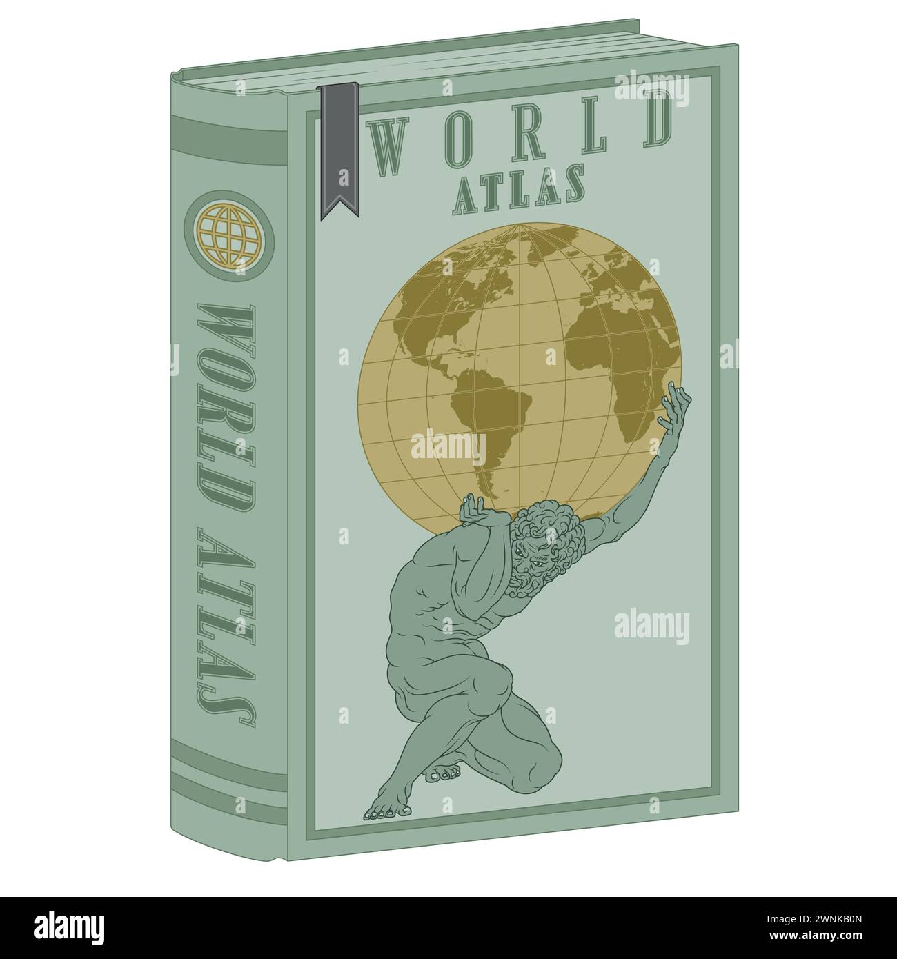 Vektor-Design Atlas Buch der Weltkarten, griechische Mythologie titan hält die Erdkugel Stock Vektor