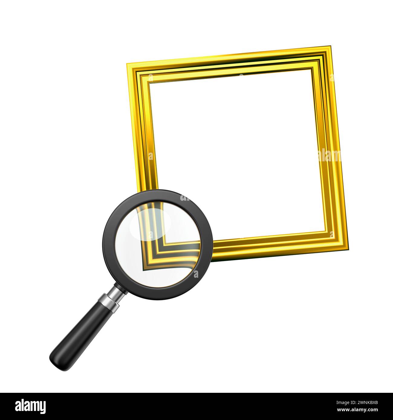 Goldener Rahmen und Lupe isoliert. Transparentes Suchsymbol für Modellsuche, Lesen, Forschung, Analyse oder Erkennungskonzept. 3D-Rendering Stockfoto