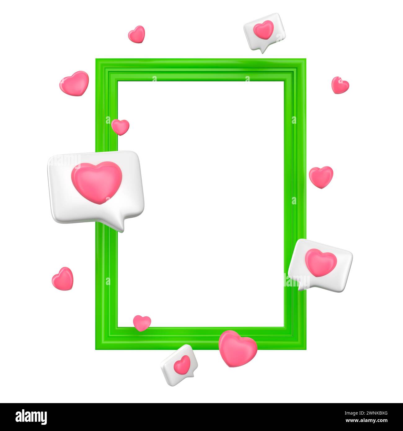 Grüner Rahmen mit isolierten Herzformen. Like- oder Love-Konzept-Mockup. 3D-Rendering Stockfoto