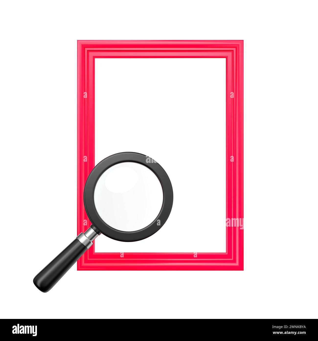 Roter Rahmen und Lupe isoliert. Transparentes Suchsymbol für Modellsuche, Lesen, Forschung, Analyse oder Erkennungskonzept. 3D-Rendering Stockfoto