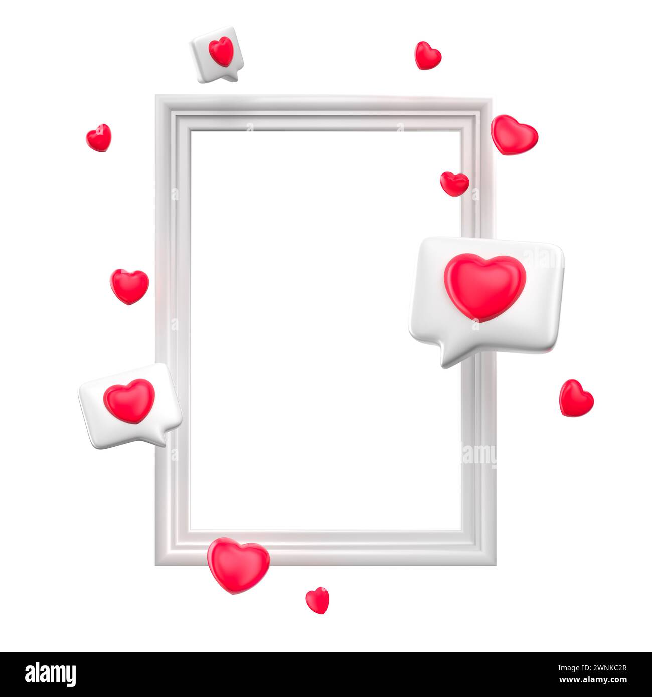 Weißer Rahmen mit isolierten Herzformen. Like- oder Love-Konzept-Mockup. 3D-Rendering Stockfoto