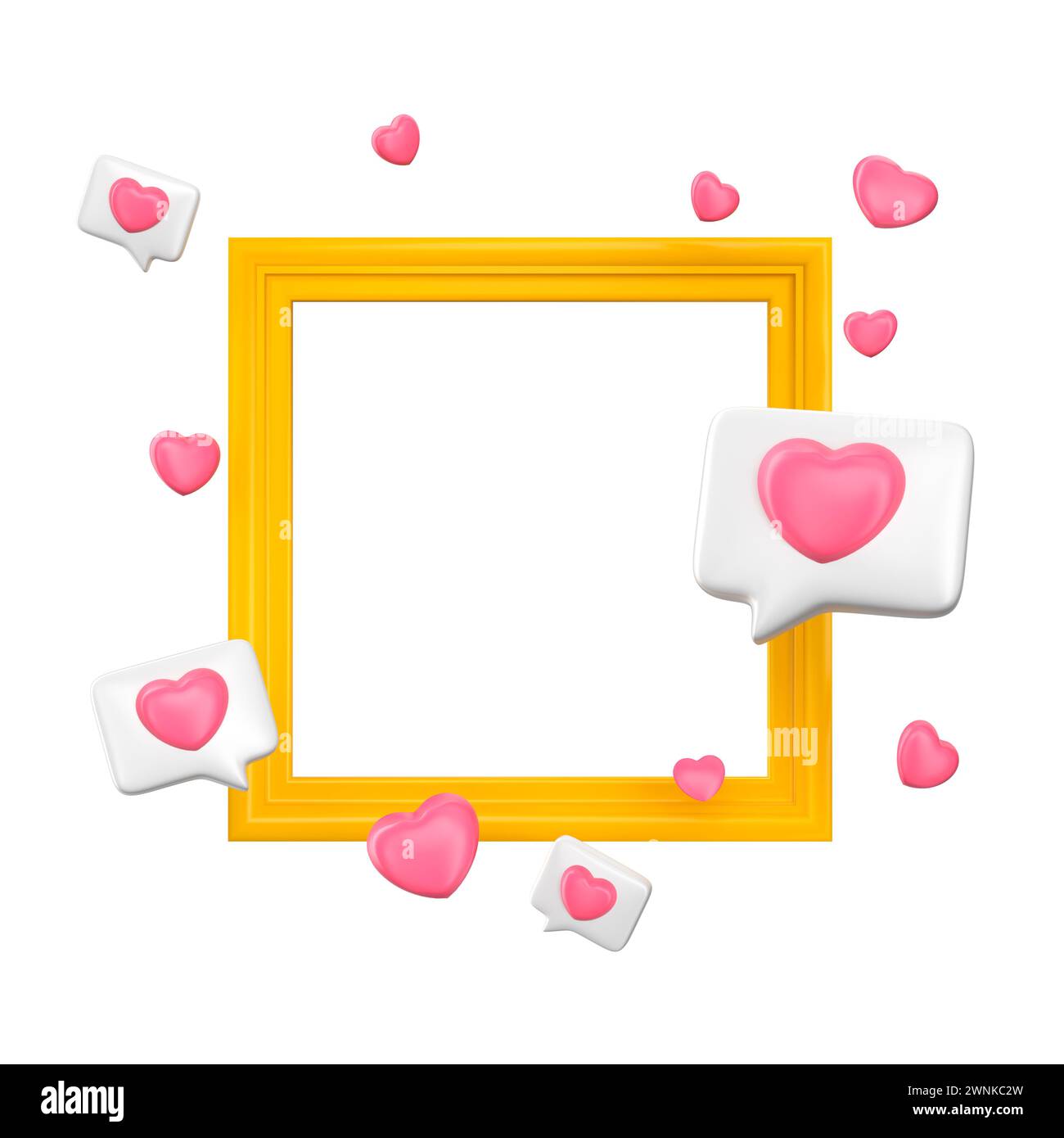 Gelber Rahmen mit isolierten Herzformen. Like- oder Love-Konzept-Mockup. 3D-Rendering Stockfoto