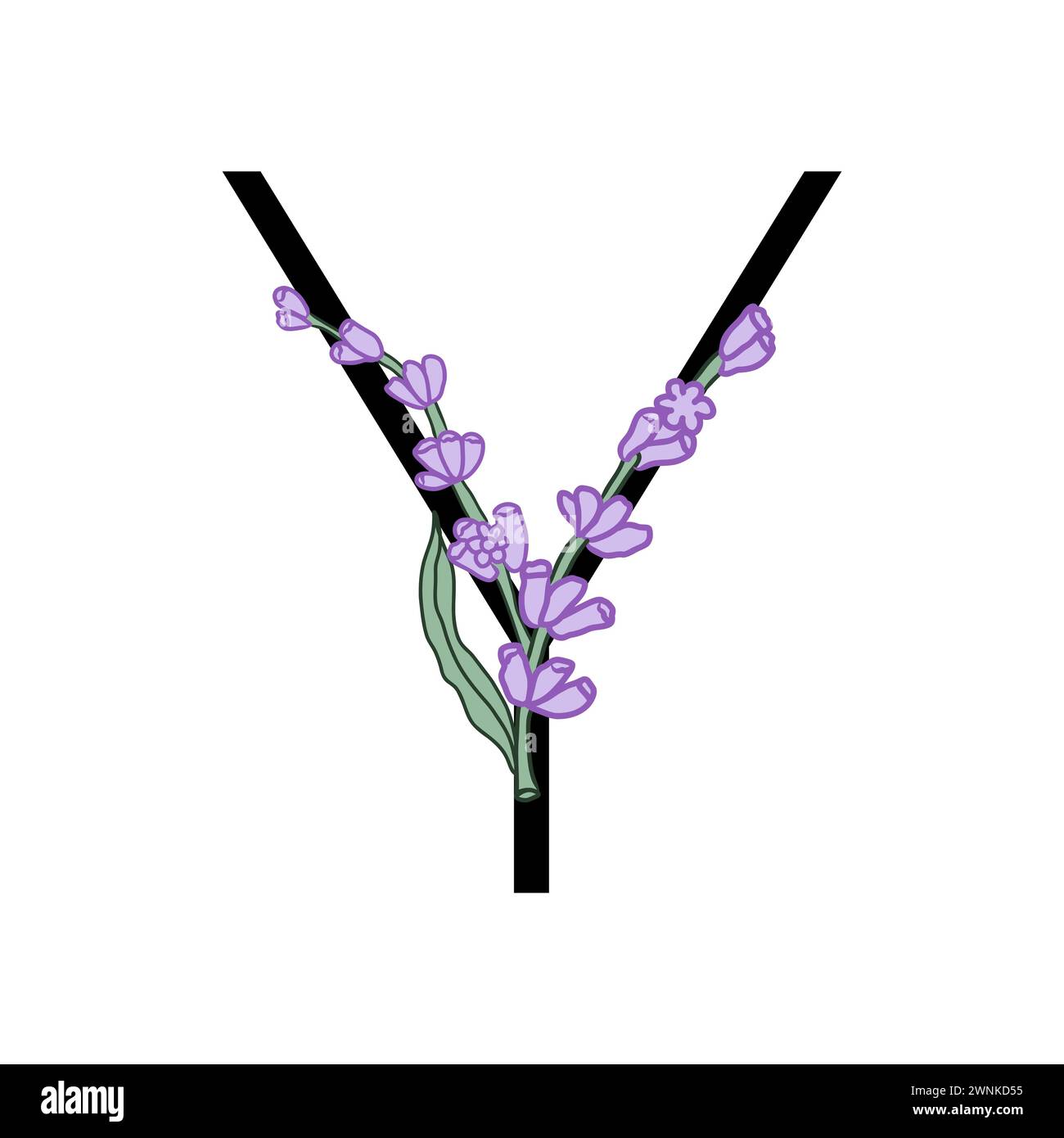 Lavendelblüte violett kleines Blumenalphabet für die Gestaltung von Karte oder Einladung. Vektor-Illustrationen, isoliert auf weißem Hintergrund für Sommer Blumen Stock Vektor