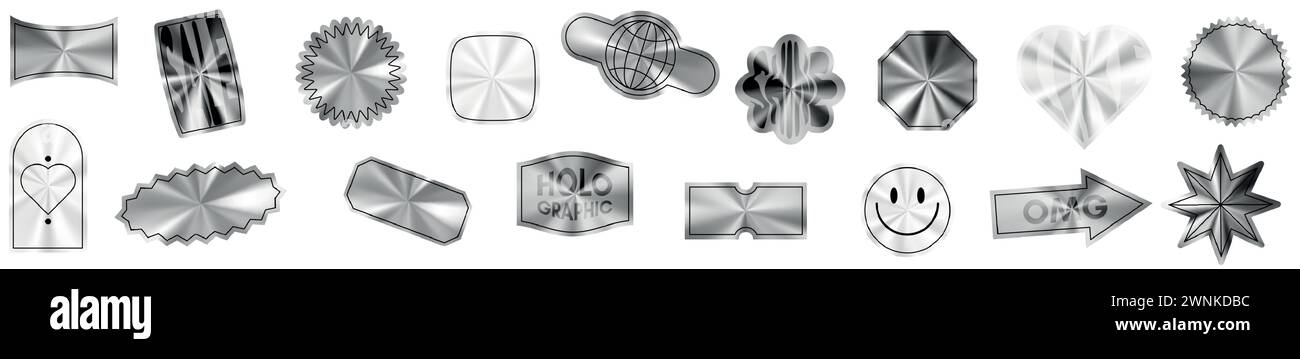 Silberner Metallaufkleber mit Farbverlauf, kreisförmiger Dichtung oder Emblem. Strukturiertes Folienmuster für Abzeichen oder Logo. Illustration des flachen Vektors isoliert auf weiß Stock Vektor