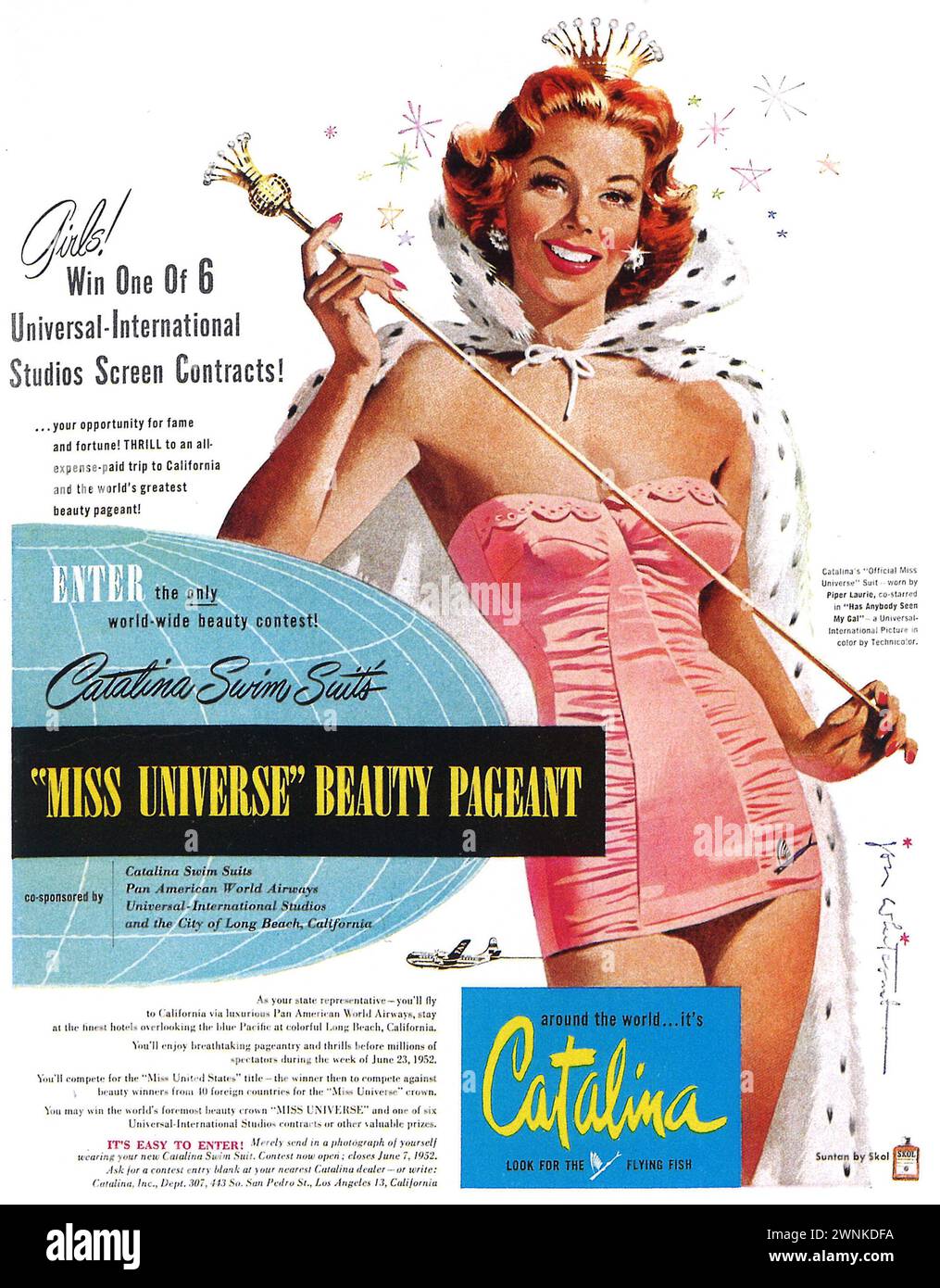1952 Catalina-Werbespot mit Badeanzügen. Miss Universe Beauty Pageant - Universal Studios Filmverträge Stockfoto