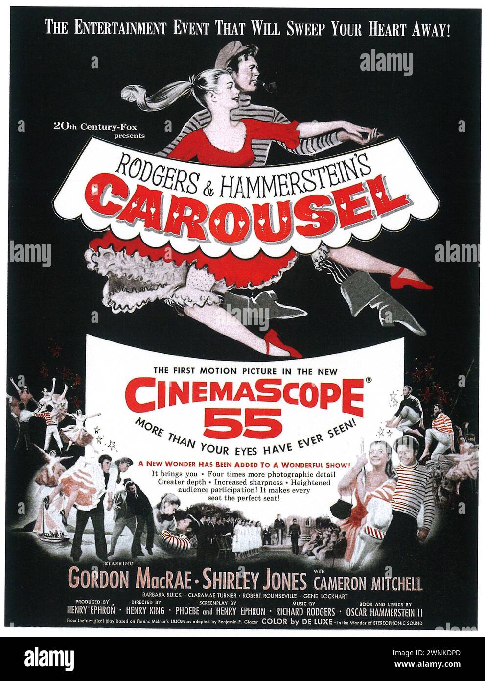 1956 Carousel-Filmposter Printwerbung. Drama Fantasy Musical Film mit Gordon MacRae und Shirley Jones und Regie von Henry King. Fuchs des 0. Jahrhunderts Stockfoto