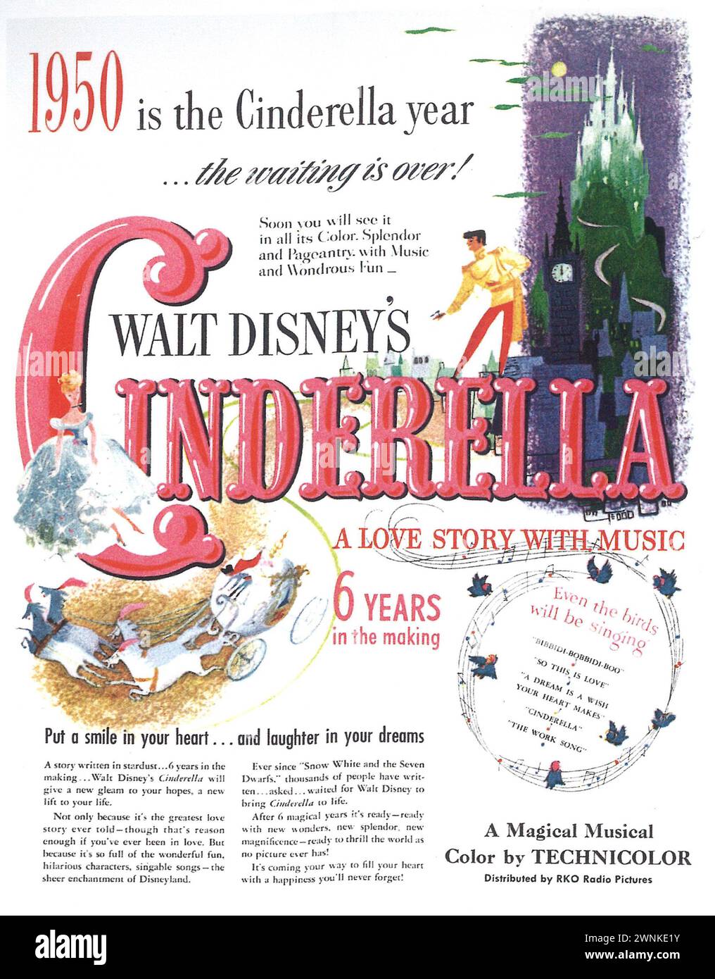1950 ist die Cinderella Year Printwerbung, Walt Disney's Cinderella ein magisches Musical in Technicolor Stockfoto