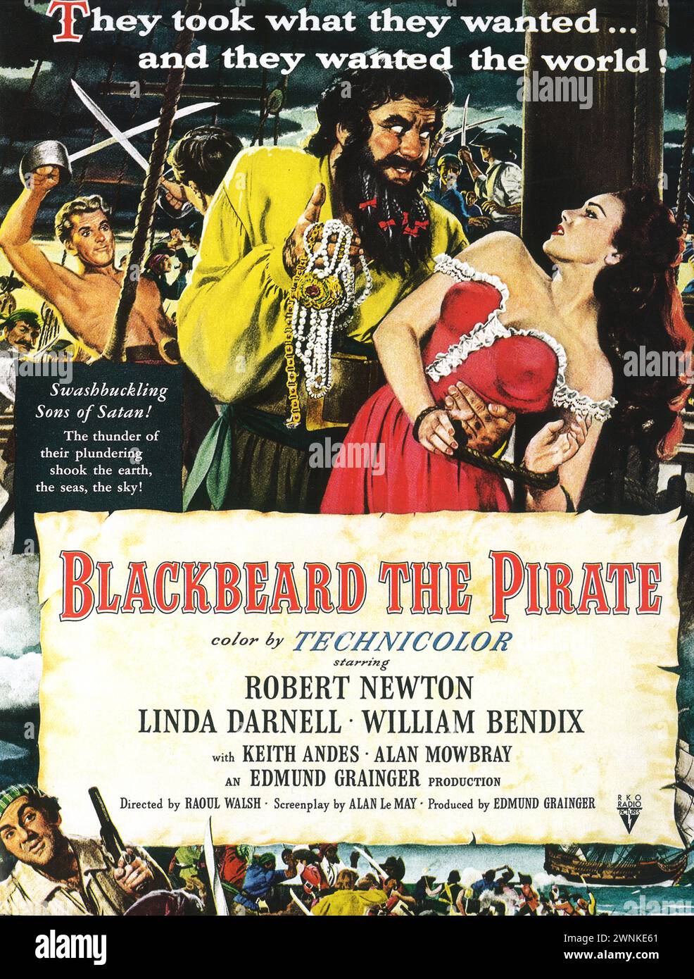 1952 Filmplakat Blackbeard der Pirate mit Keith Andes Robert Newton Linda Darnell William Bendix Regie von Raoul Walsh, RKO Stockfoto