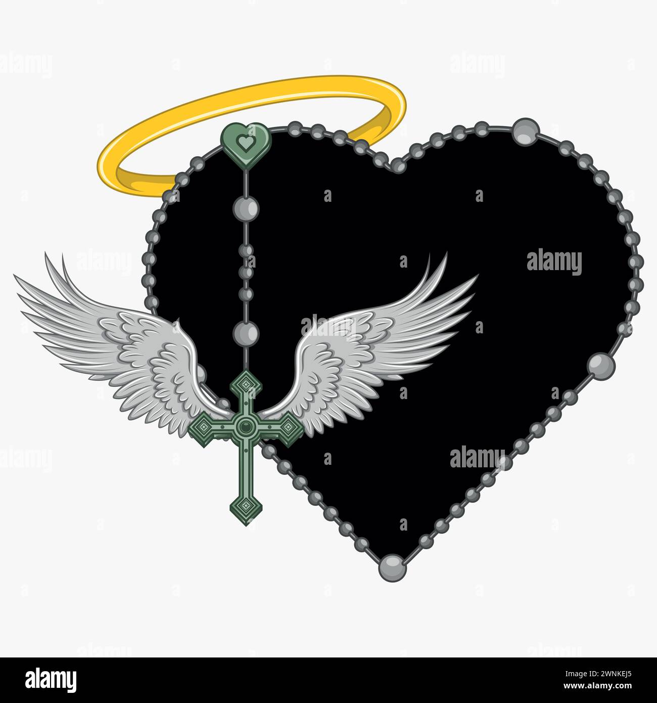 Vektordesign des geflügelten Kreuzes mit herzförmigem Rosenkranz, herzförmigem Rosenkranz mit Flügeln, Symbologie der katholischen Religion Stock Vektor