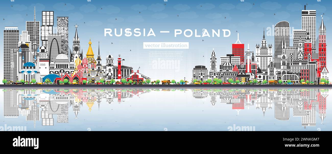 Skyline von Russland und Polen mit grauen Gebäuden, blauem Himmel und Reflexionen. Berühmte Wahrzeichen. Vektorabbildung. Polen und Russland. Diplomatisch Stock Vektor