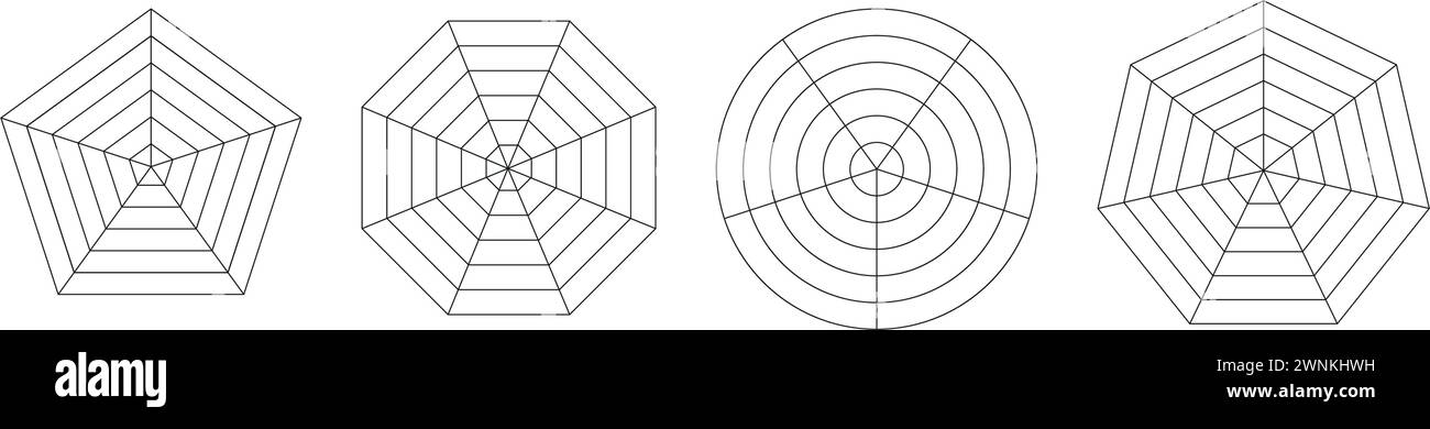 Infografik zu Spinnentafeln mit einem Web-ähnlichen pentagon- oder Sechseckumriss. Visualisierung von Daten in Radardiagrammen. Abbildung des flachen Vektors isoliert Stock Vektor