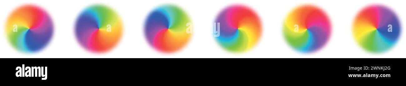 Radialer Farbverlauf im Hintergrund, wirbelnd mit dem Regenbogenfarbspektrum in einem Kreis. Lebendiges Design mit farbenfrohen Wirbeln. Abbildung des flachen Vektors isoliert auf Stock Vektor