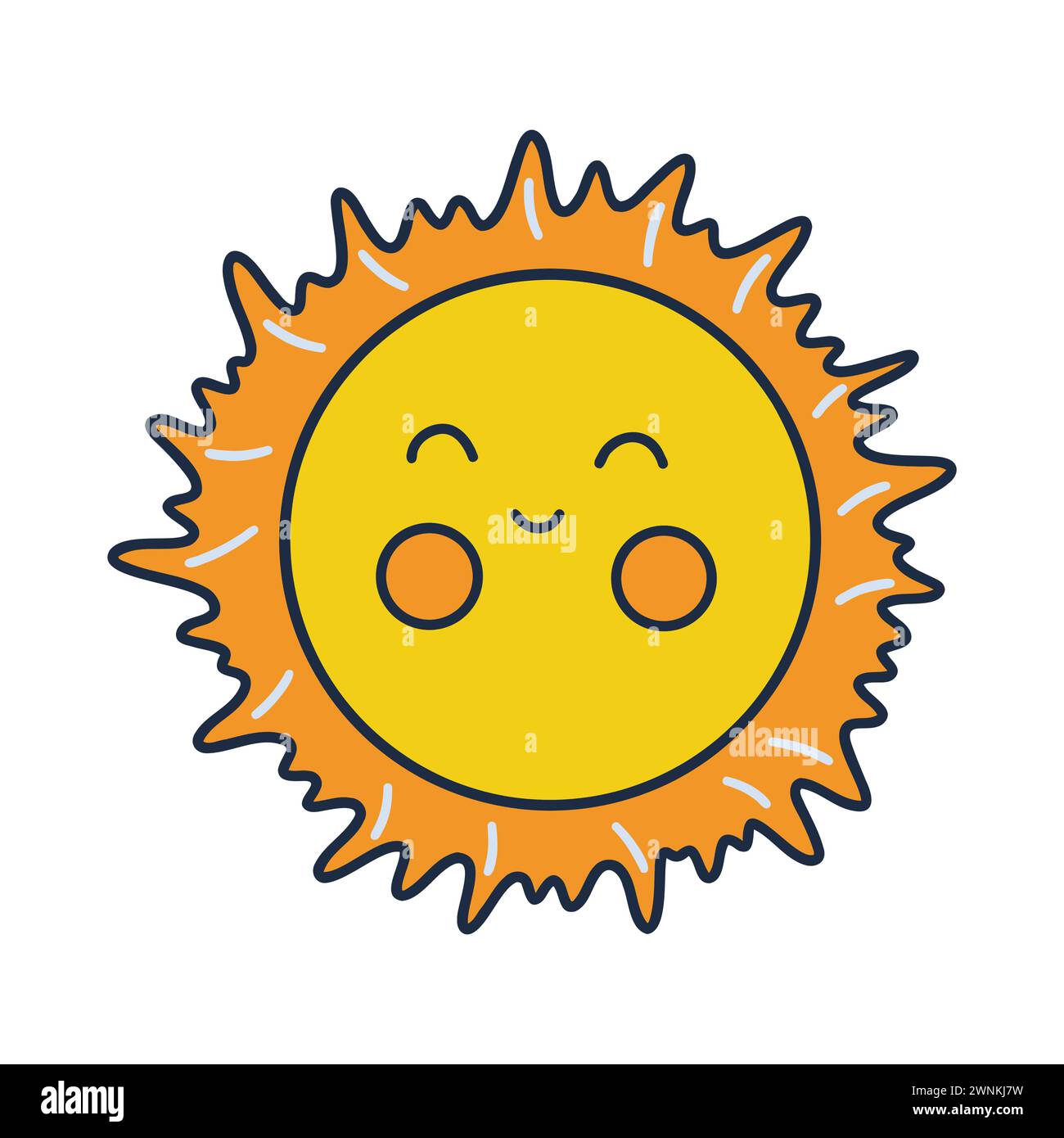 Süße lächelnde Sonne auf weißem Hintergrund. Bunte einfache Vektor Hand gezeichnet isolierte Illustration. Doodle-Symbol. Clip-Art oder Karte. Himmelsleuchte Stock Vektor