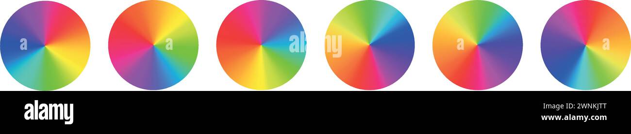 Kreisförmiges Kreiswirbel mit radialem Regenbogenverlauf, Farbspektrum in einem lebendigen Rad, RGB-Abstufung. Illustration des flachen Vektors auf weißem Hintergrund isoliert. Stock Vektor