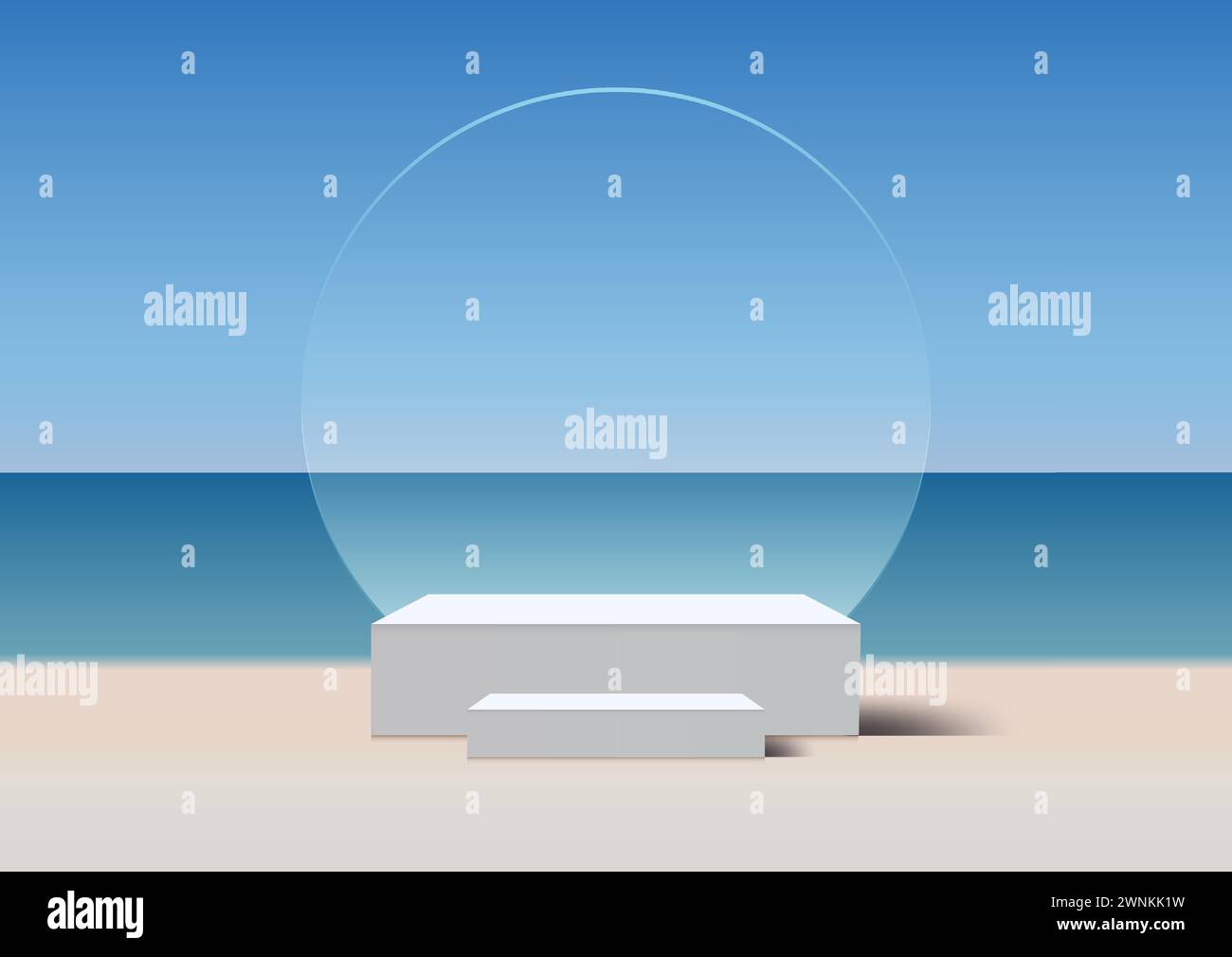 Sommer zu Ihren Produktpräsentationen mit 3D-Podium-Mockup in weiß. Mit kreisförmiger transparenter Glaskulisse und freiem Blick auf den Strand und die Sonne Stock Vektor