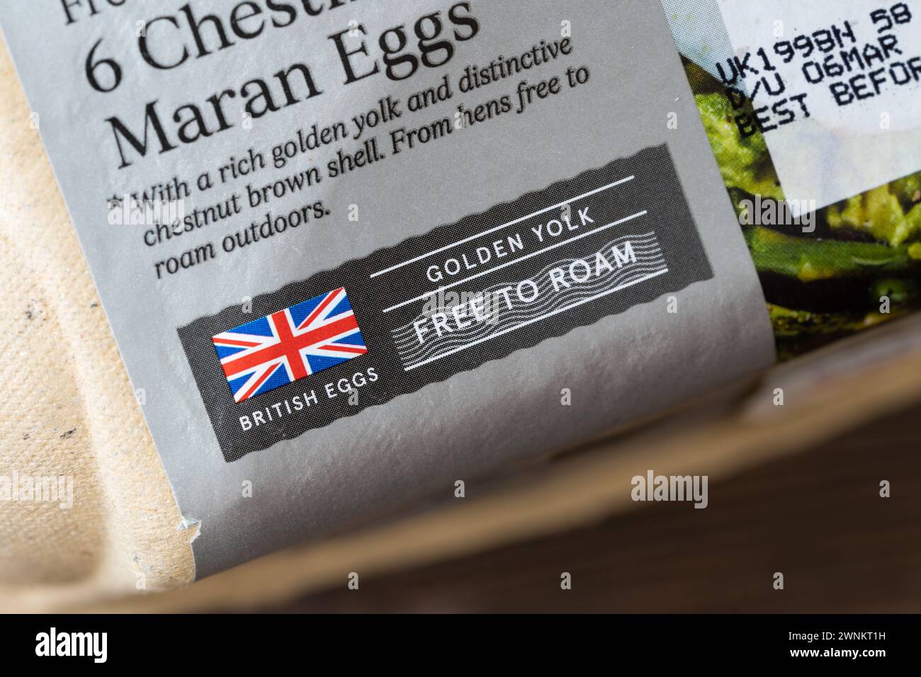 Karton mit Tesco Finest 6 Chestnut Maran Eiern mit britischem Eieretikett und britischem Flaggensymbol und Free-to-Roam-Etikett, UK. Konzept: Freilandeier Stockfoto