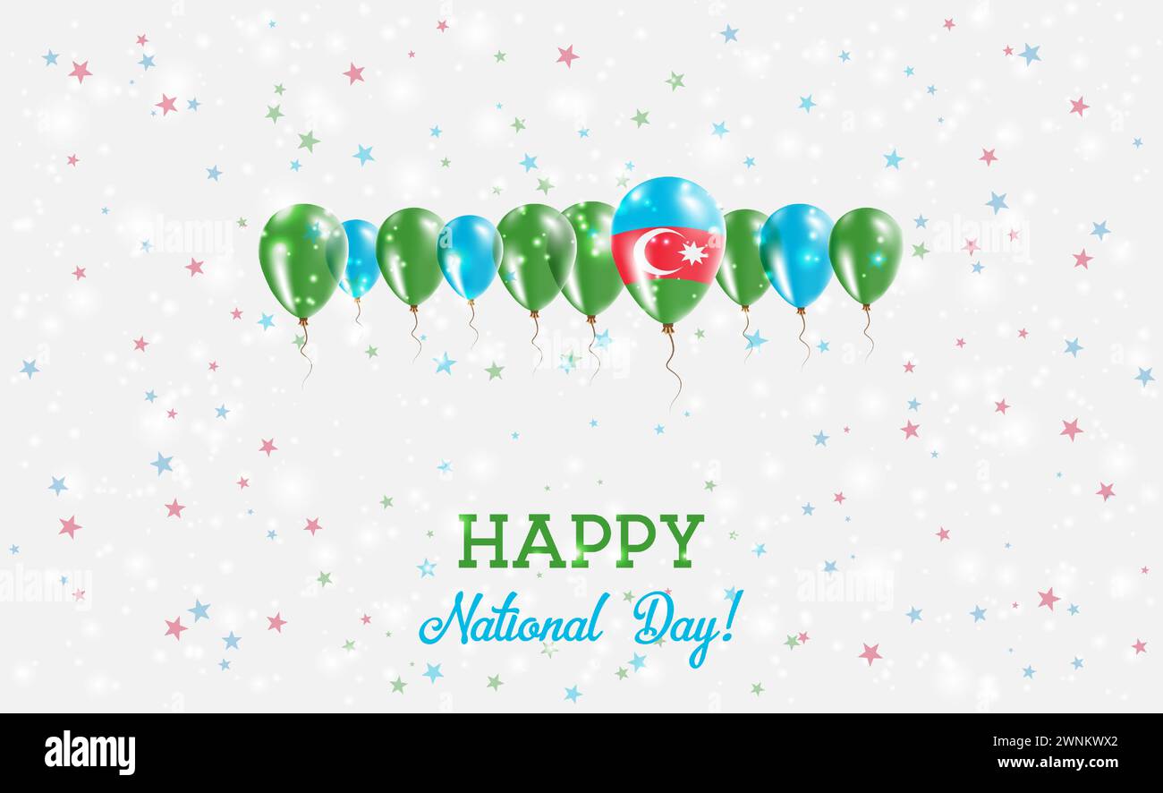 Aserbaidschanischer Unabhängigkeitstag Funkelndes Patriotisches Poster. Ballonreihe in den Farben der aserbaidschanischen Flagge. Grußkarte mit Nationalflaggen, Konfetti Stock Vektor
