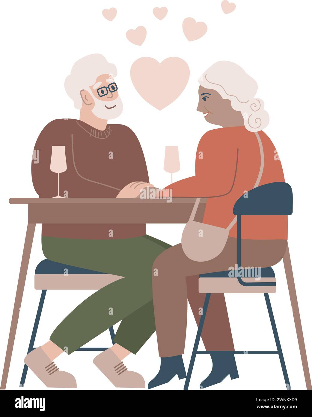 Romantisches älteres Paar, das an einem Café-Tisch sitzt. Lächelnder reifer Mann und Frau trinken zusammen Wein. Familiengespräche, die Zeit in der Cafeteria verbringen. Valen Stock Vektor