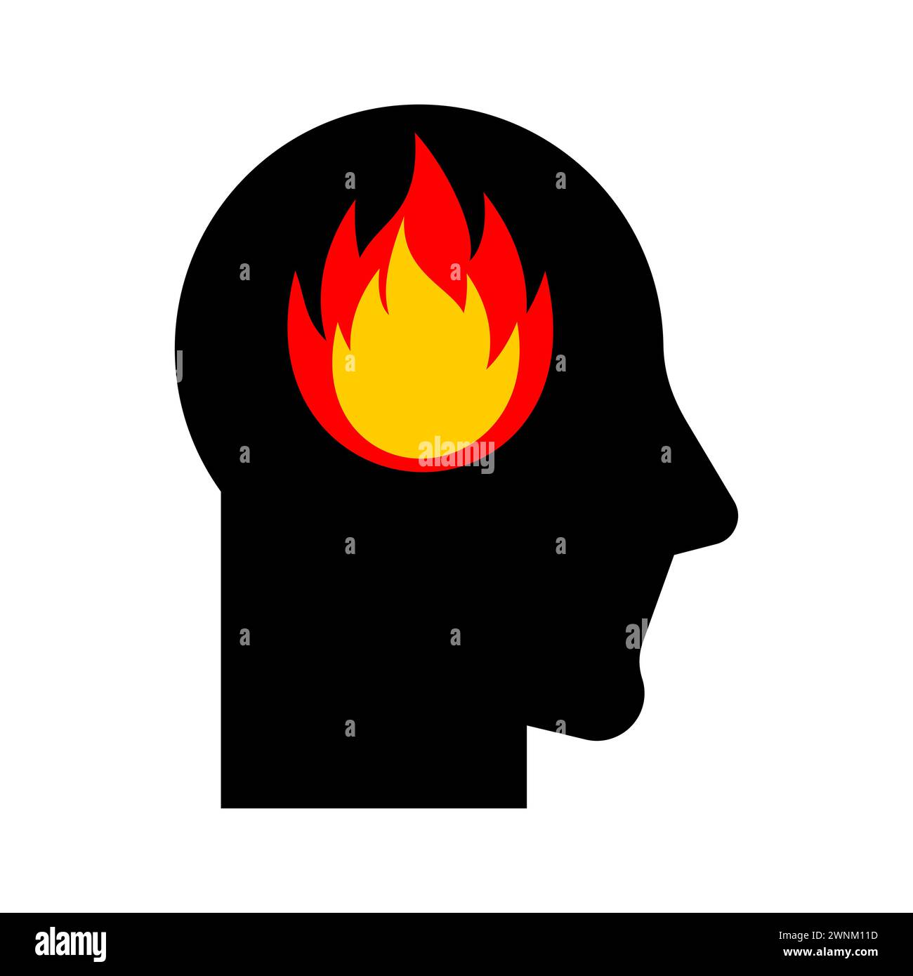Symbol Feuer im Kopf. Zeichen einer Brandstiftung. Denkt mit Feuer-Symbol. Flamme in meinem Kopf Stock Vektor