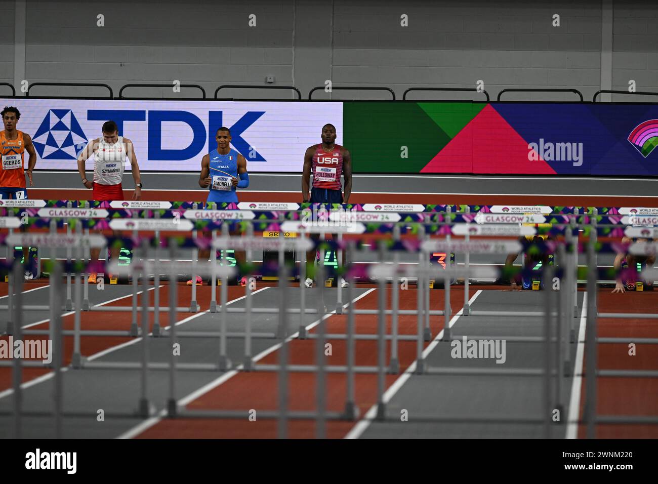 Grant Holloway gewinnt Gold in den 60-m-Hürden der Männer bei den Leichtathletik-Hallenweltmeisterschaften, Glasgow 2. märz 2024 Credit: Martin Bateman/Alamy Live News Stockfoto