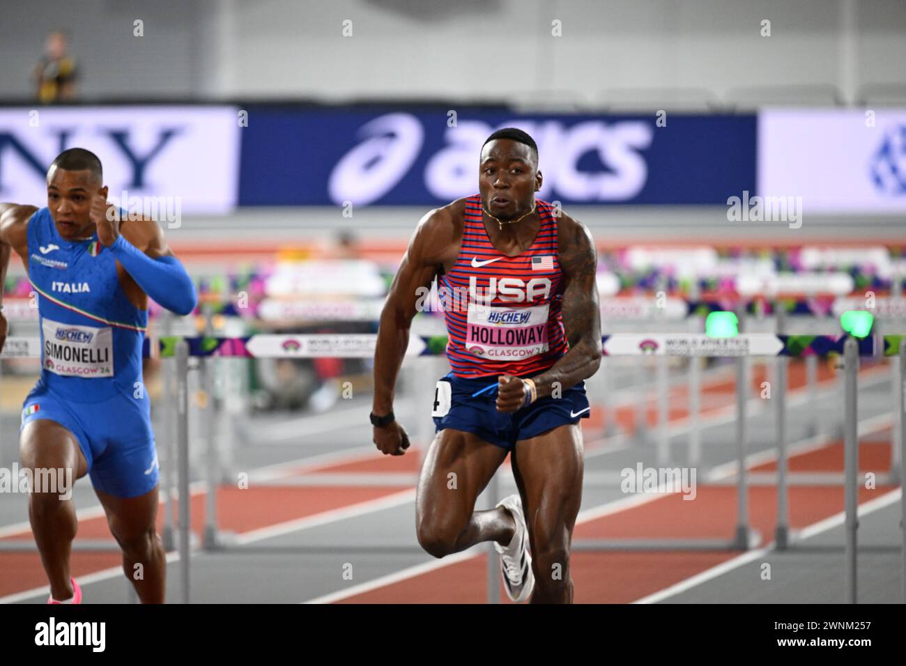 Grant Holloway gewinnt Gold in den 60-m-Hürden der Männer bei den Leichtathletik-Hallenweltmeisterschaften, Glasgow 2. märz 2024 Credit: Martin Bateman/Alamy Live News Stockfoto