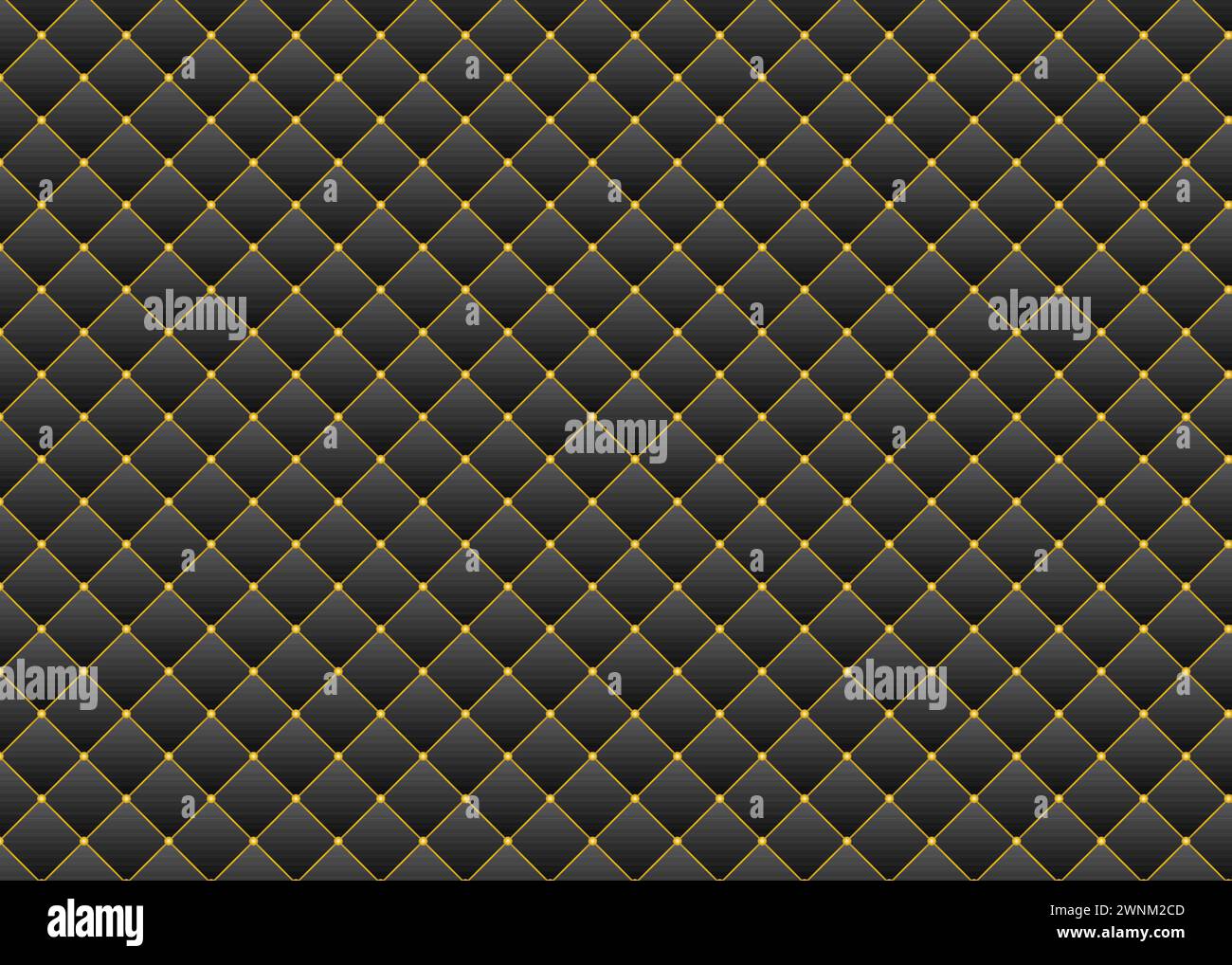 Nahtloses Muster von Rauten mit goldenen Knöpfen und Rand. Luxuriöser 3D-Hintergrund mit dunkler Upoholsterie-Lederstruktur. Stock Vektor
