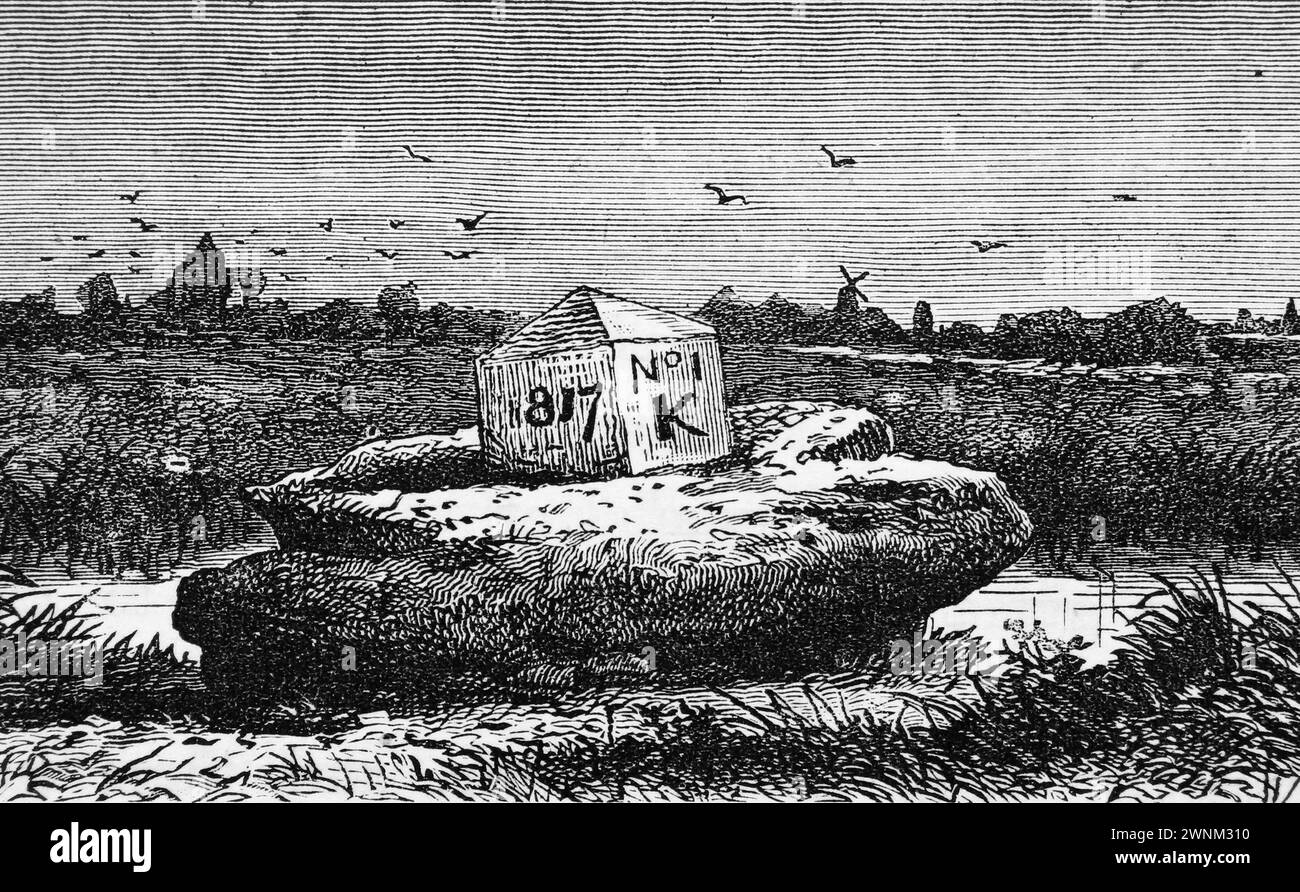 Kenulph’s Stone, eines von sechs Kreuzen, die im 14. Jahrhundert errichtet wurden, um die Grenze von Crowland zu markieren; dies war ein moderner Ersatz mit dem Datum 1817. Schwarz-weiß-Illustration aus „Our Own Country“ ein beschreibender, historischer und bildlicher Leitfaden für Großbritannien, der Ende der 1880er Jahre von Cassell, Petter, Galpin & Co. Veröffentlicht wurde. Historische Bilder von Briatin. Stockfoto