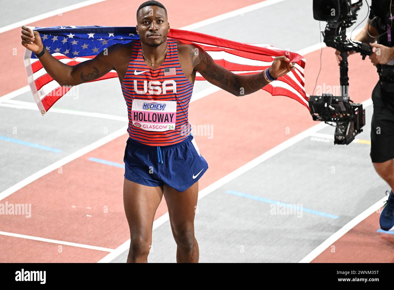 Grant Holloway gewinnt Gold in den 60-m-Hürden der Männer bei den Leichtathletik-Hallenweltmeisterschaften, Glasgow 2. märz 2024 Credit: Martin Bateman/Alamy Live News Stockfoto