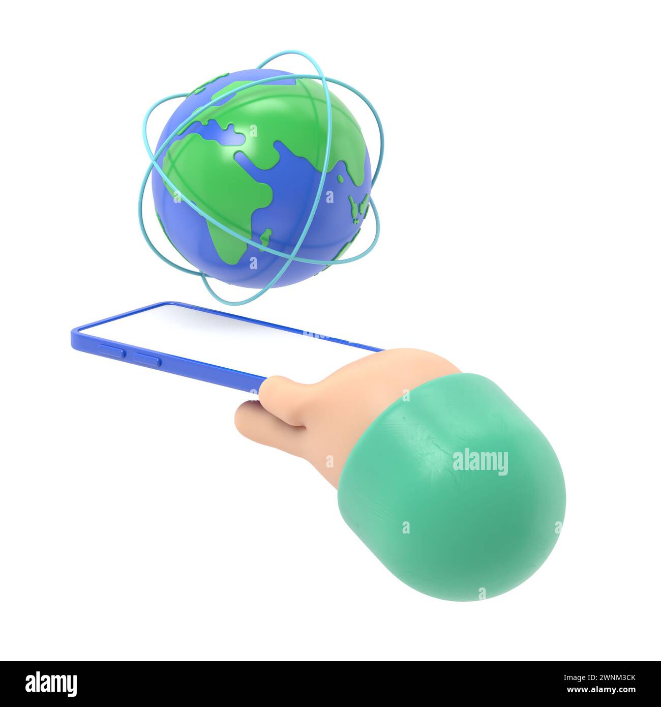 Flaches, isometrisches 3D-Handheld-Smartphone für Geschäftsleute mit weltweitem und globalem Netzwerk. internetverbindung und globales Kommunikationskonzept.3D-Rendering Stockfoto