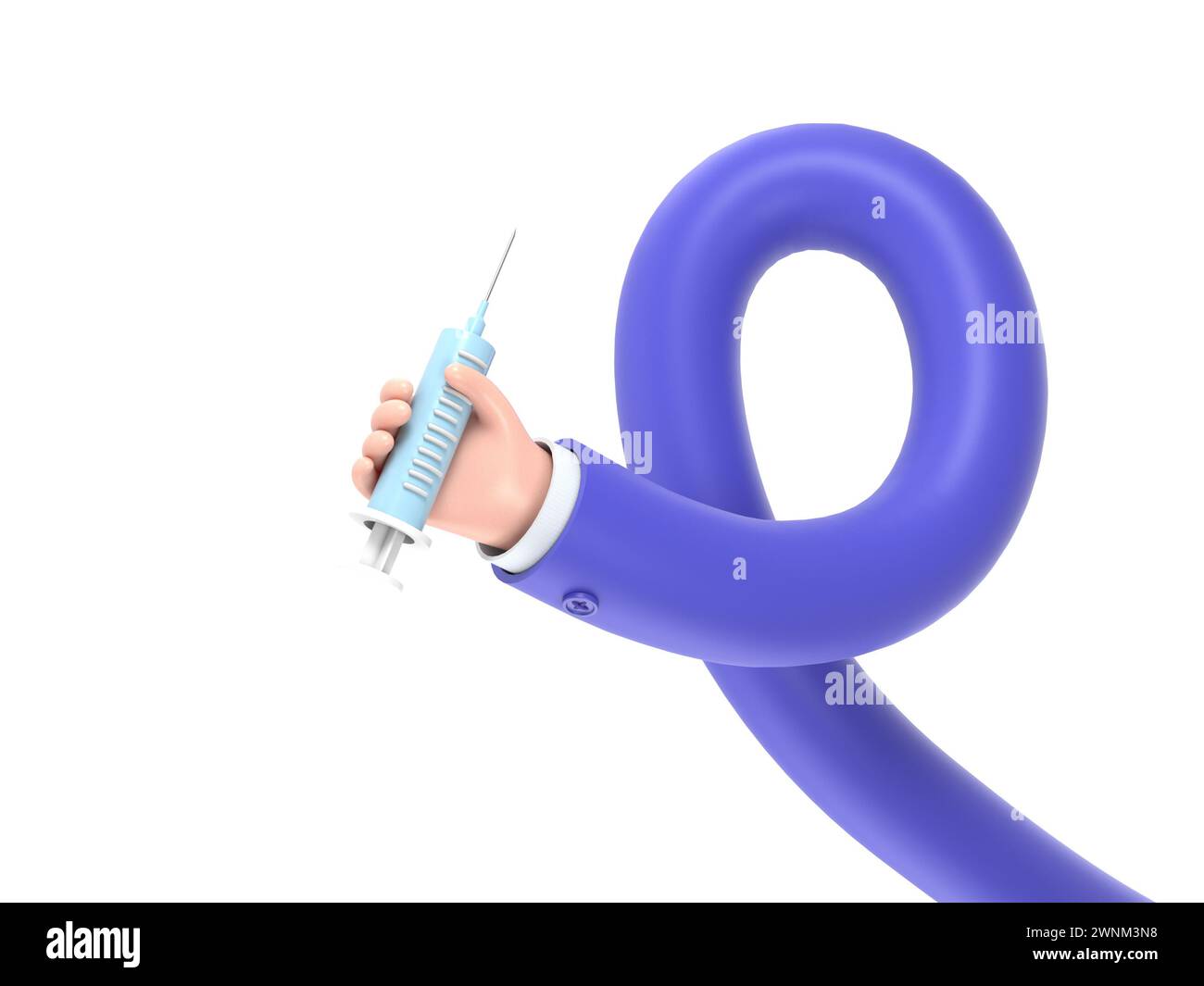 3D-Rendering. Doktor-Cartoon-Hand, die große Spritze mit Impfstoff gegen Virus hält. Illustration des medizinischen Gesundheitswesens. Pharmazeutischer Clip Art. 3D-Rendering o Stockfoto