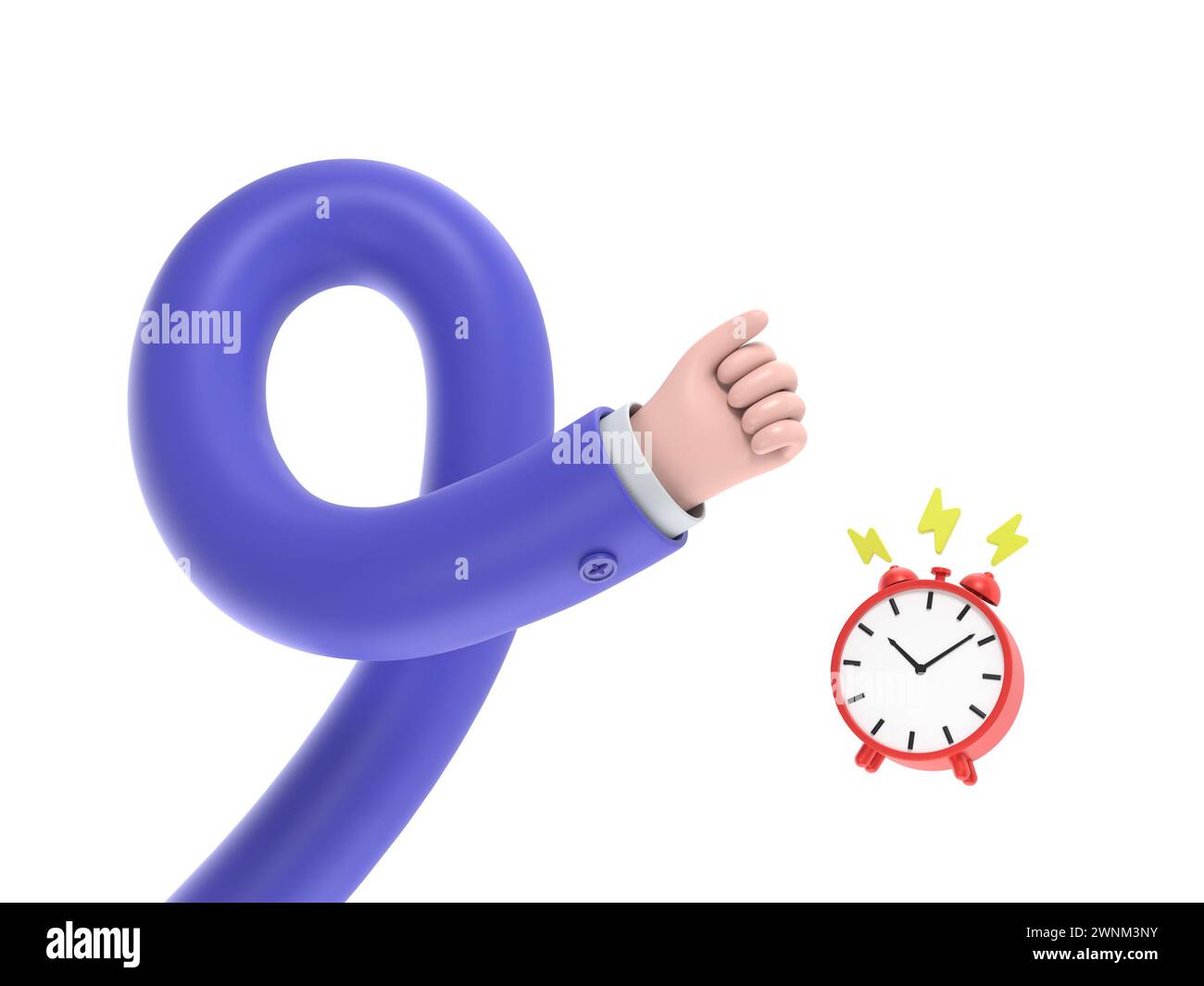 Cartoon Gesture Symbol Mockup.Hand den klingelnden Wecker ausschalten,3D-Rendering auf weißem Hintergrund.Long Arms Concept. Stockfoto