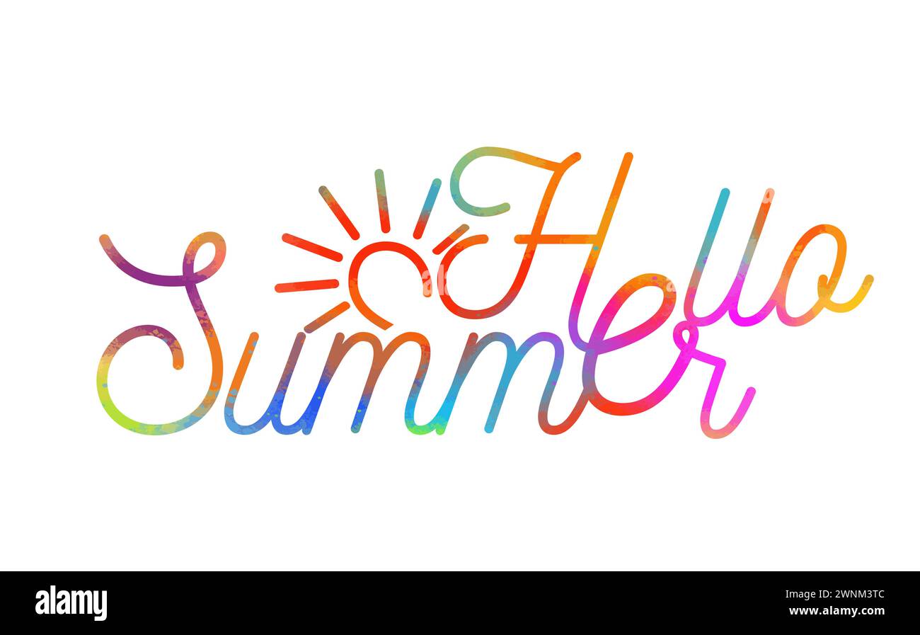 Text Hallo Sommer farbig. Handzeichnung. Nicht AI. Vektorabbildung Stock Vektor