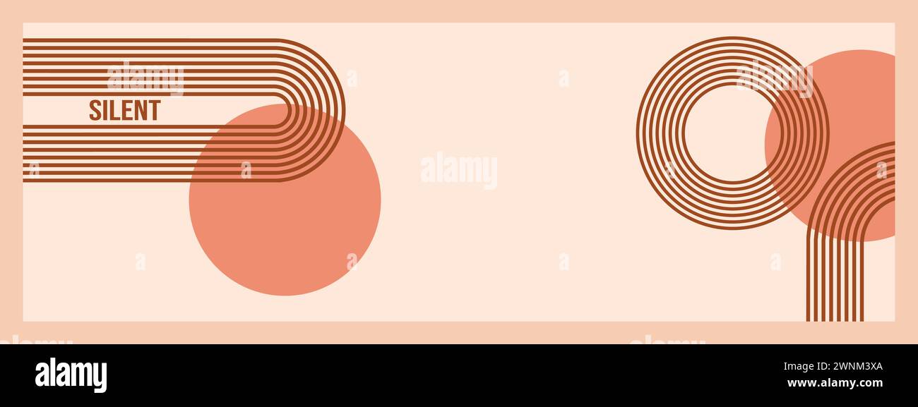 Minimalistische geometrische Zen-Bogen-Bannervorlage mit Text - Silent. Abstrakte Boho-Formen in Retro-Ästhetik für vielseitige Designanwendungen. Vektorkonzept Stock Vektor