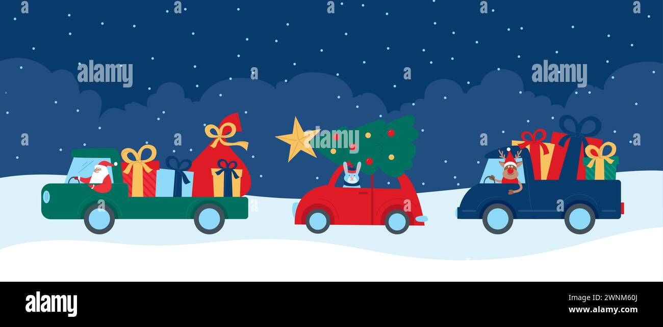 Das Weihnachtsmannsteam fährt einen Caravan mit Weihnachtsbaum, Geschenken und Geschenken. Lustige flache Vektor-Illustration Stock Vektor