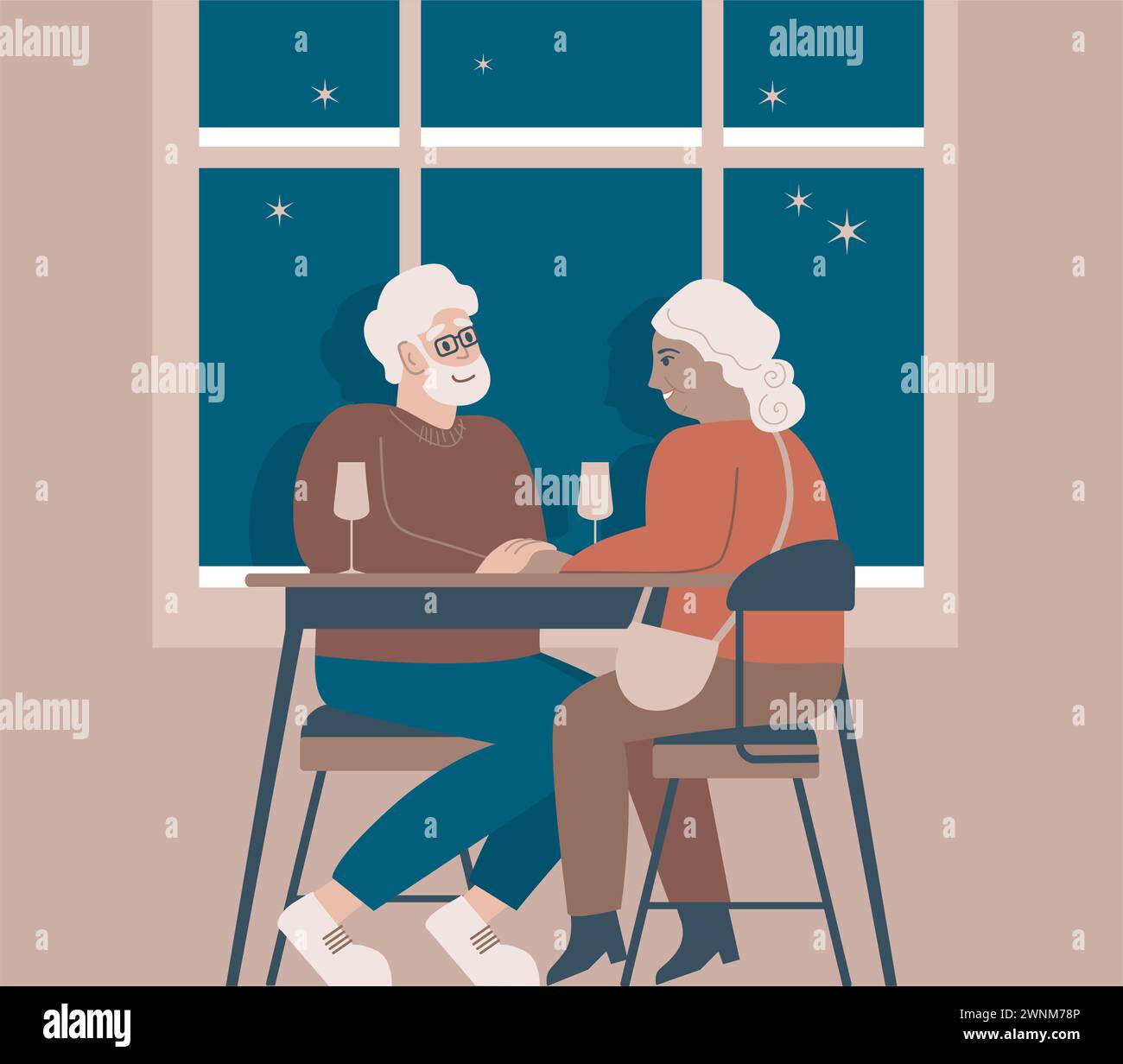 Romantisches älteres Paar, das am Fenster in einem gemütlichen Café sitzt. Lächelnder reifer Mann und Frau trinken zusammen Wein. Familiengespräche, die Zeit im Café verbringen Stock Vektor