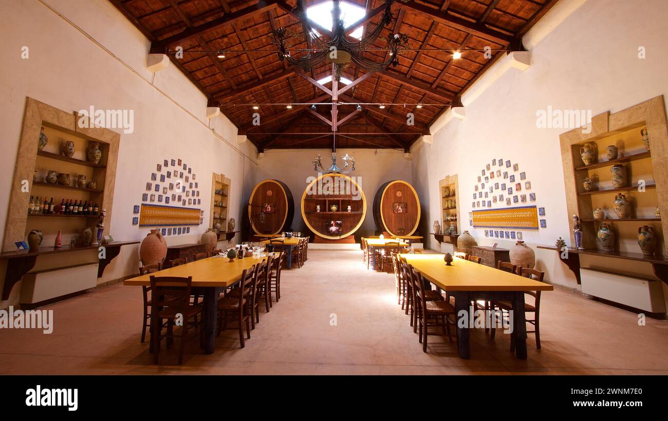 Rustikales Weingut mit Holztischen und großen Weinfässern an den Wänden, Weingut Donna Fugata, sizilianischer Wein, Sizilien, Italien Stockfoto