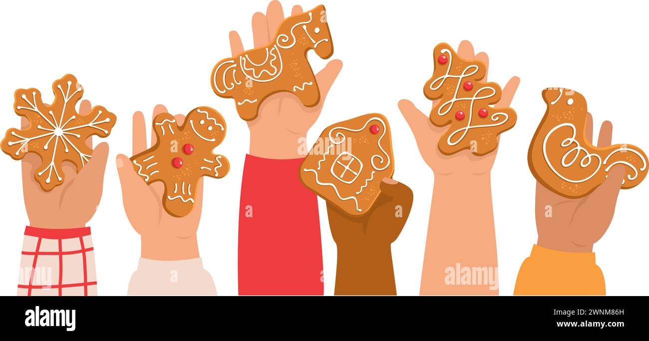 Kinder mit dekoriertem Lebkuchen. Kinderhände mit traditionellen Weihnachtskeksen. Illustration des flachen Vektors Stock Vektor