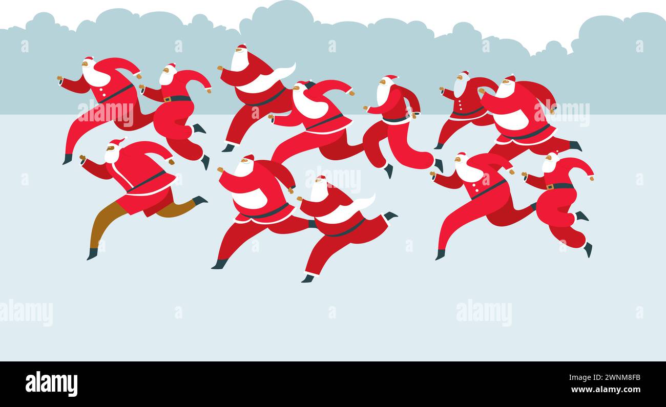 Lustiger Weihnachtsmannlauf. Traditionelles Benefizrennen in Weihnachtsmannskostümen. Illustration des flachen Vektors Stock Vektor