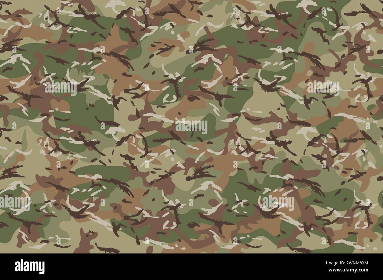 Nahtloses Camouflage-Muster für mehrere Geländebereiche (Multicam). Sieben Farben und Schattierungen der natürlichen Umgebung. Stock Vektor